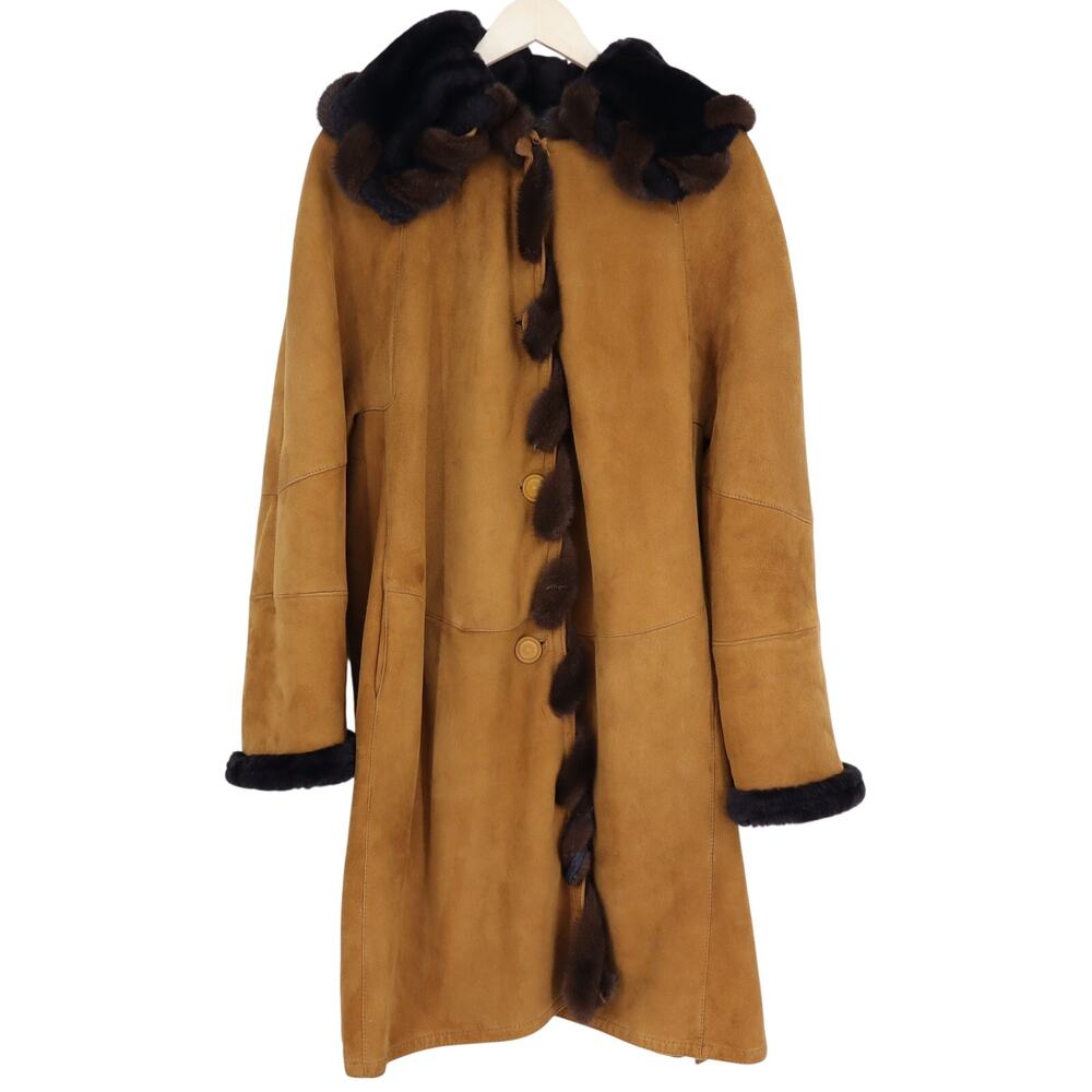 Vintage Suede and Shearling Overcoat Fur Trim Italian Made Midi Women's L